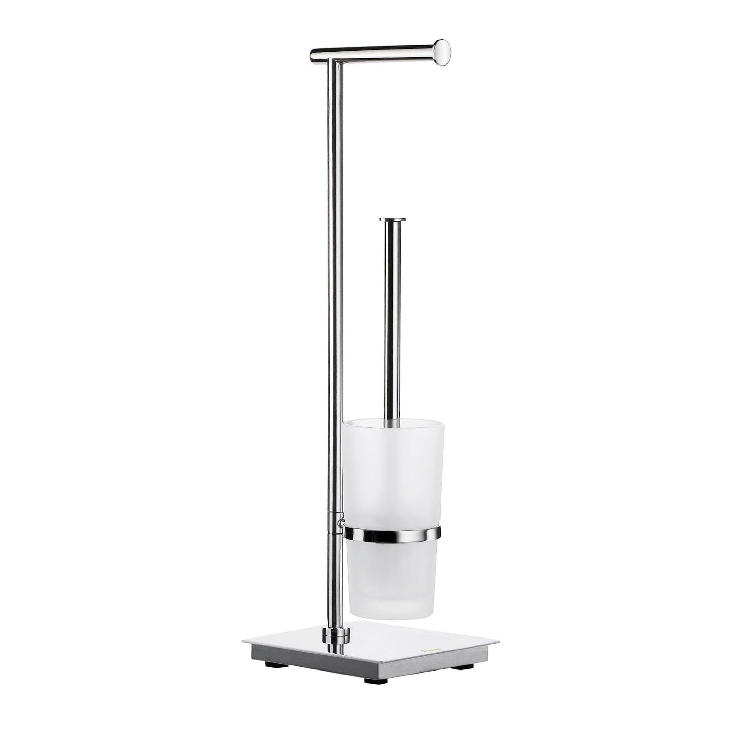 Fristående toalettpappershållare/WC-borste med behållare i frostat glas. Kvadratisk.