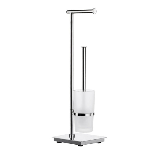 Fristående toalettpappershållare/WC-borste med behållare i frostat glas. Kvadratisk.