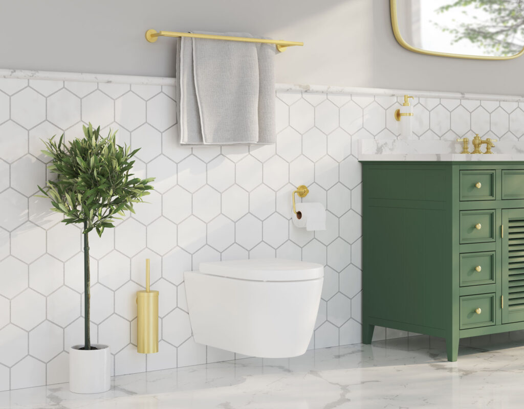 classic bathroom with white tiles and brass details